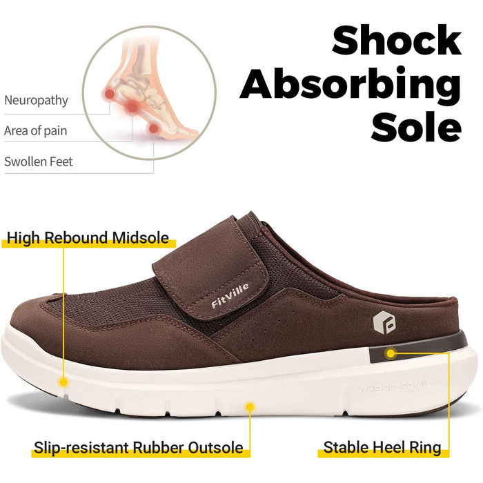 Домашні тапочки для чоловіків FitVille з широкою колодкою, зручні та з підтримкою склепіння стопи, розмір 41-50 (42 EU, коричневі)