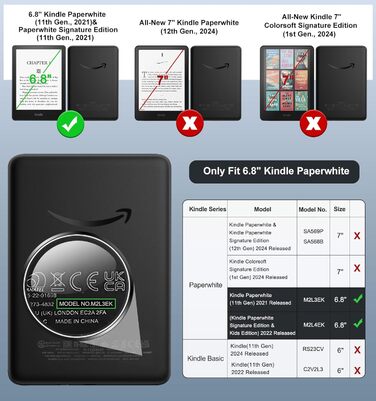 Чохол MoKo для Kindle Paperwhite 11 (2021) 6.8 дюйма, з функцією авто-сплячки, з міцного кожзаму, Signature Edition, Магнолія (чорний та білий)