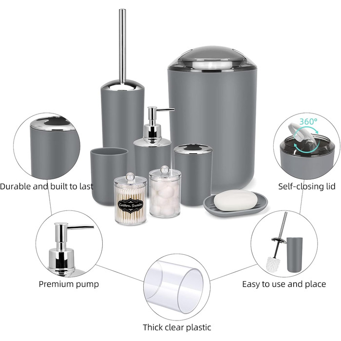 Набір аксесуарів для ванної кімнати IMAVO – 8 предметів сірого кольору (сміттєвий бак, дозатор мила, мильниця, тримач для зубних щіток, тримач для унітазного йоржика, диспенсер для ватних паличок з етикетками)