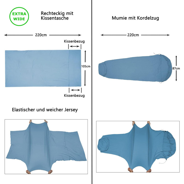 BROWINT Bamboo Travel Bed Sheets, Stretchy Jersey Sleeping Bag for Hotels, Inner Sleeping Bag for Travel and Camping, Rectangular with Pillow Pocket; Breathable, Mummy Sleeping Bag with Hood