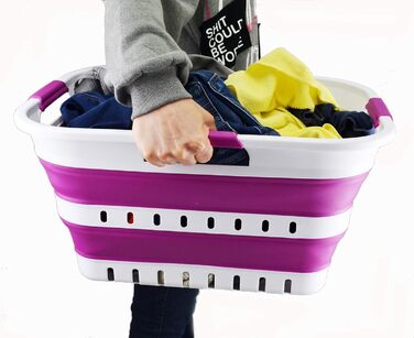 SAMMART 30L Collapsible 3-Handle Plastic Laundry Basket - Foldable Pop-Up Storage Container/Organizer - Portable Wash Basin - Space-Saving Basket/Bin (White/Purple)