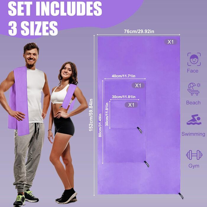 Набір рушників Neerow з мікрофібри (3 шт.): великий (152x76 см), фітнес (80x40 см), маленький (30x30 см), фіолетовий