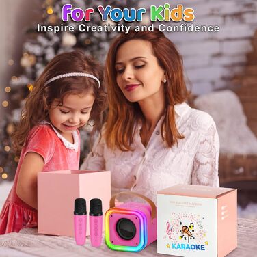 Караоке машина Spinosaurus для дітей з 2 мікрофонами, Bluetooth, LED-підсвічування, портативна колонка (рожева)