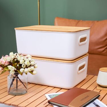 Kerhouze 2 PCS Storage Box with Bamboo Lid White Storage Plastic Box for Organization Stackable Storage Boxes with Handle for Kitchen Bathroom 38.4 * 27 * 15.2cm, 13L