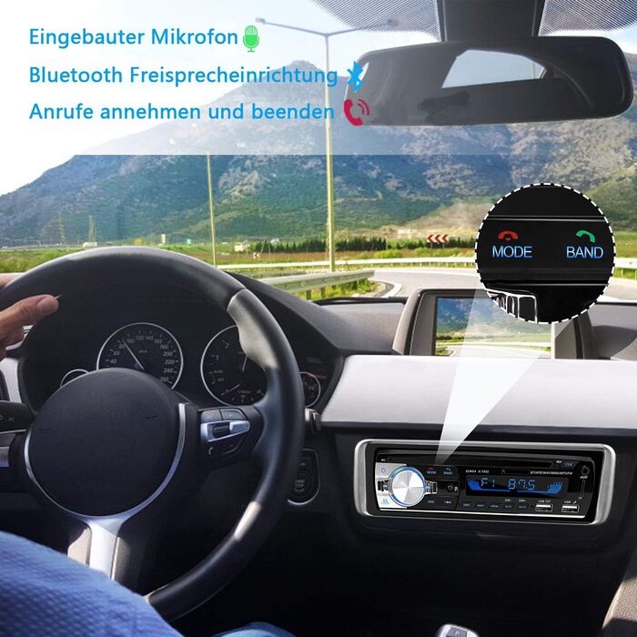 Автомобільна магнітола 1 DIN з Bluetooth, FM-радіо, MP3-плеєром, гучним зв'язком, керуванням на кермі, 2 USB для музики та зарядки