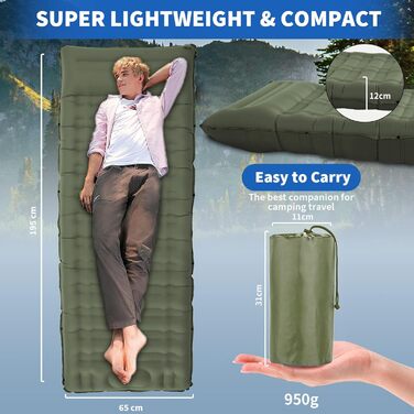 Airminti Self-Inflating Camping Mat - 12cm Thick, Lightweight Air Mattress with Foot Pump & Pillow, Outdoor Sleeping Pad for Camping, Hiking, Beach & Festival - Olive Green