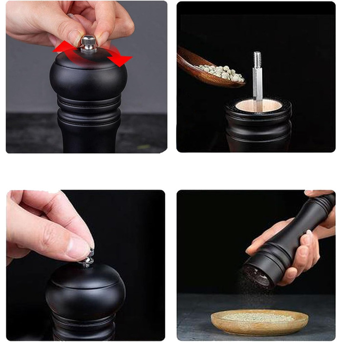 Salt and pepper grinder, wooden pepper grinder set salt pepper mill kit manual mills solid with strong adjustable ceramic grinding mechanisms 2 pieces 8 inch (K 2 Black)