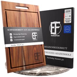 Великий обрізна дошка з дерева акації EndlessFresh (39x25 см) з жолобом для соку, ручкою та ніжками — преміум кухонна дошка для нарізки