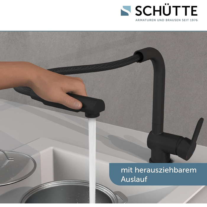 Кухонний змішувач SCHÜTTE LONDON з висувною лійкою, поворотний на 360°, з однорідним змішувачем, чорний, 29,8 см (для високого тиску)