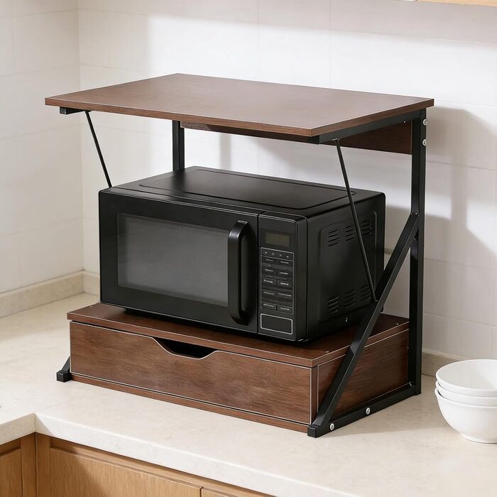 Поличка для мікрохвильової печі, кухонна поличка для стільниці, органайзер для мікрохвильової печі, тостера та аірфрая, багатофункціональна кухонна поличка для оптимізації простору (Дуб/3 яруси) (Дуб/Висувна поличка)