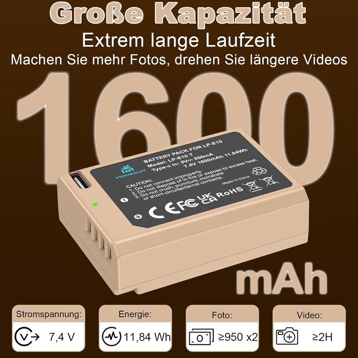 Акумулятор Homesuit LP-E10 1600mAh та LED-зарядний пристрій для Canon EOS 1100D, 1200D, 1300D, 2000D, Rebel T3, T5, T6, T7, Kiss X50, Kiss X70 (2 шт. акумулятори та 1 зарядний пристрій)