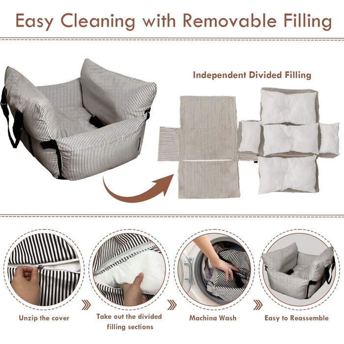 Автокрісло для собак маленьких та середніх порід до 18 кг, з ременями безпеки та кишенями для зберігання, антиковзаюча підкладка (морські смуги) (Коричневе, 76.2x52 см)