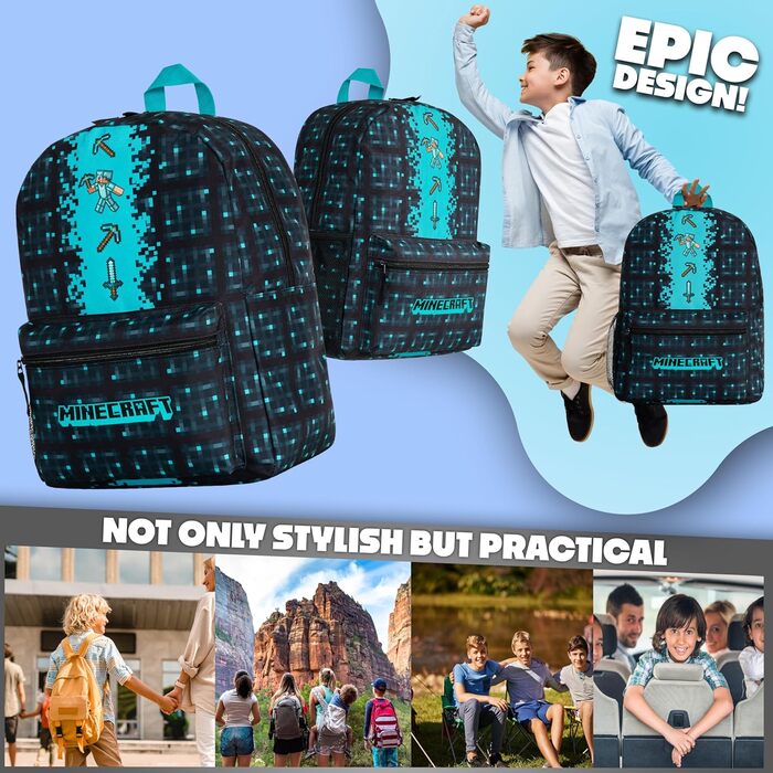 Рюкзак Minecraft для дітей, шкільний ранець з сітчастою кишенею та м'якими лямками - подарунок для хлопчиків, блакитний
