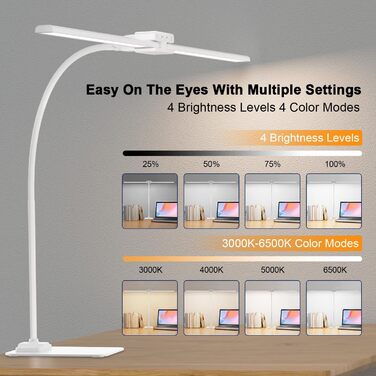 LED Desk Lamp with Adjustable Brightness - 1200 Lumens, Dual Head, Clamp-On for Home Office, Eye Protection, Gooseneck Design, Monitor Light with 5 Color Temperature & Brightness Levels (Metal Base)