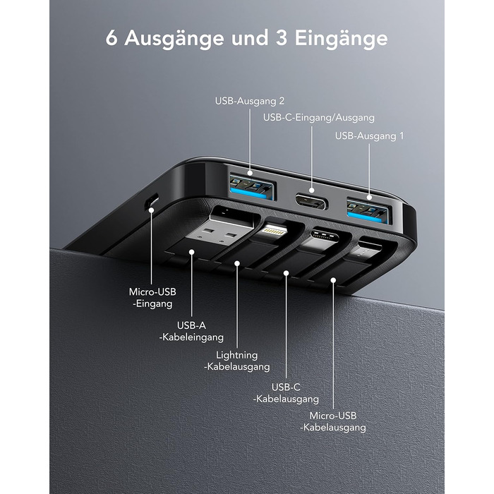 Power Bank Charmast 10000mAh з 6 виходами, USB-C, LED-дисплеєм, 4 кабелями, чорний