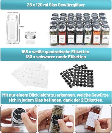 Black Spice Drawer Organizer with 28 Spice Jars, 348 Labels, Sifter and Pour Lids with Airtight Aluminum Caps, 4-Tier Clear Acrylic Drawer Tray Rack with Spice Containers