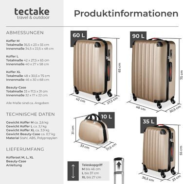 Набір валіз Tectake® 4 шт. з відстібними колесами 360°, жорсткий корпус з TSA замком, велика валіза з роздільником, ручна валіза, телескопічна ручка - колір шампань | 403411