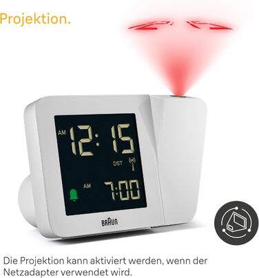 Braun Digital Radio Projection Clock for Central European Time Zone (DCF) with Negative LCD Display, Quick Set and White Alarm Beep, BC15W-DCF.