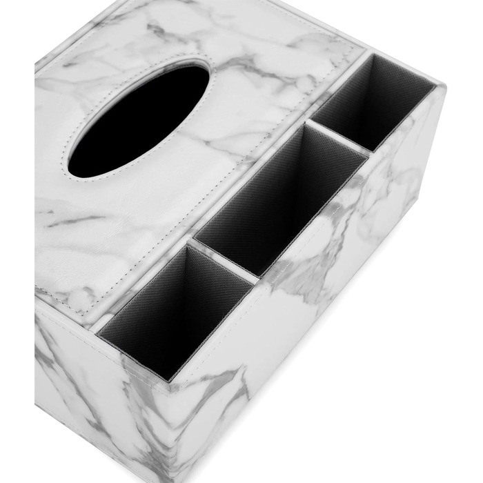 BSTKEY Tissue Box Rectangular Faux Leather Tissue Box with Remote Control (White Marble)