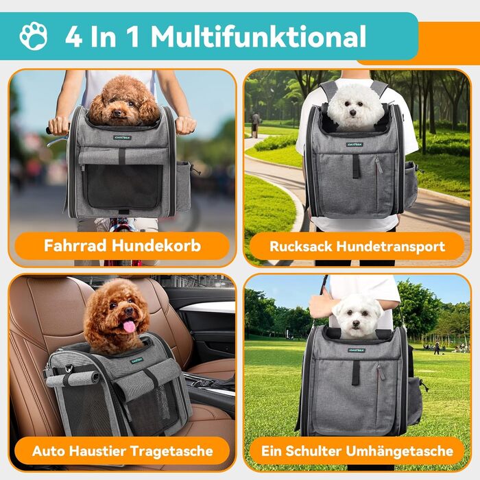 Корзина для собак на велосипед до 10 кг, складана, дихаюча, 4-в-1 (рюкзак, сумка на плече, автокрісло), з міцним L-подібним кріпленням Φ55mm, зручна подушка, світловідбиваючі смуги