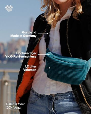 Чоловіча та жіноча поясна сумка PP-Berlin з корду, ручної роботи, веганська, 3 відділення, Made in Germany, для повсякденного використання, можна носити як через плече (Petrol)