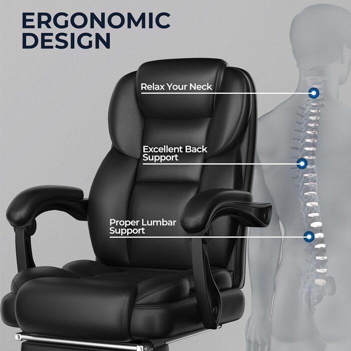 Ергономічне крісло Yaheetech для офісу, керівника з підставкою для ніг, регульовані підлокітники, комп'ютерне крісло з високою спинкою, чорне
