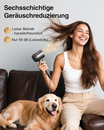 Іонський фен Feekaa з дифузором та магнітною насадкою, для подорожей та кучерявого волосся, 4 температурні режими, матовий чорний