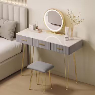 WOLTU Vanity Table with Mirror and Stool, Dressing Table with 3 Drawers Made of Solid Wood, Large High-Gloss Tabletop, Modern Cosmetic Table from Velvet and Metal, White, MB6080gr (Grey, 100x40cm with LED Lighting)