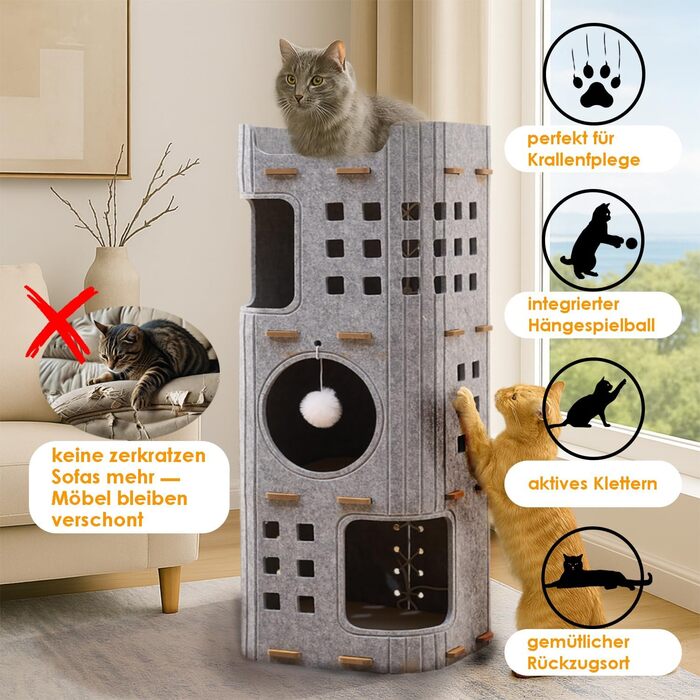 Котяча кігтеточка преміум-класу з 4 ярусами та 3 будиночками, філц, 90 см, зелений (сірий), 35x35x90 см