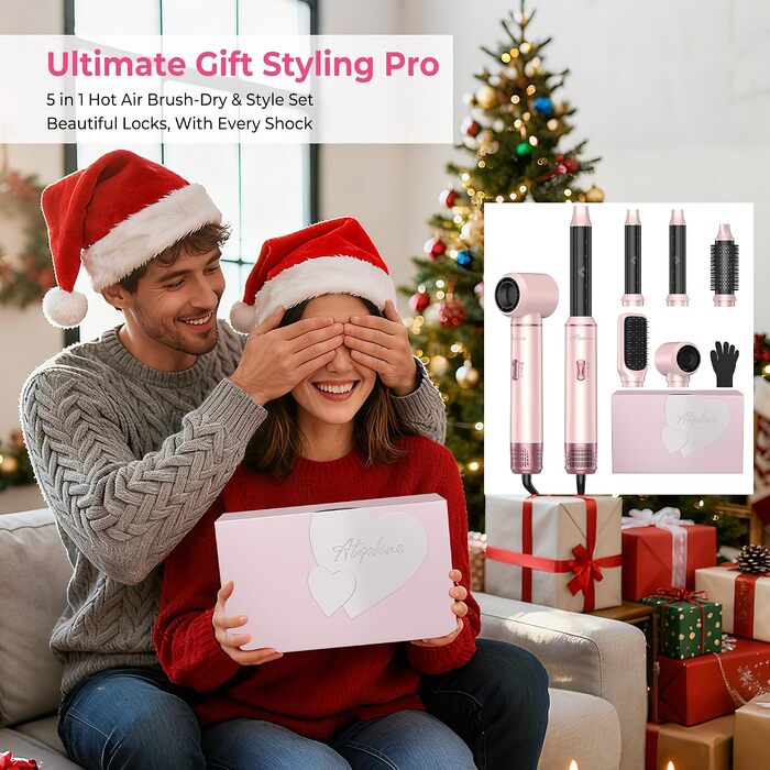 Мультистайлер для волосся 5 в 1 Atopskins Air Styler 1000W: фен-щітка, вирівнювач та плойка для сушіння, завивки та гладкого волосся, колір Creamrosa
