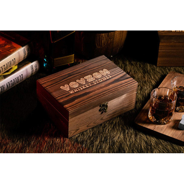 Whiskey Stones Gift Set for Men - 8 Whiskey Scotch Bourbon Chilling Stones, 2 Whiskey Glasses in Wooden Box - Christmas/Father's Day/Birthday/Gift for Dad Papa Friend