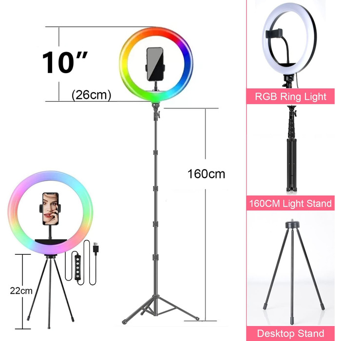 Кільцева лампа Ringlicht з штативом для телефону, 10 дюймів, 3 денне світло + 47 RGB режимів, регульована яскравість, 160 см, для YouTube, селфі, макіяжу, TikTok