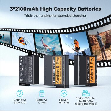 Набір акумуляторів K&F CONCEPT Osmo Action 5 Pro (3 шт.) з тризарядним пристроєм, 2100 mAh, сумісний з DJI Osmo Action 5 Pro, 360, 6, 4, 3