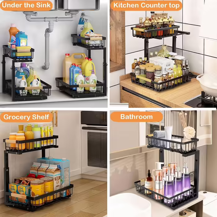 Metal Kitchen Cabinet Organizer 2 Tier, Adjustable Height Under Sink Shelf Bathroom Vanity Under Sink Cabinet with 2 Sliding Drawers, Cleaning Supplies Dish Soap Organizer for Household, Bathroom (2)