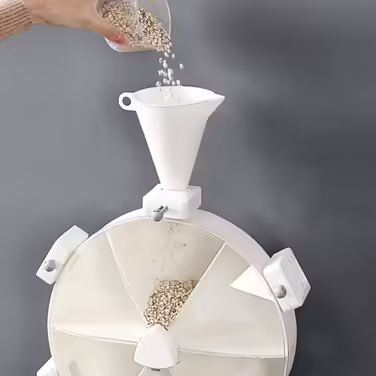 Rotating rice and grain dispenser, for kitchen, wall-mounted, for dry food, storage container for beans, white color, practical food dispenser.