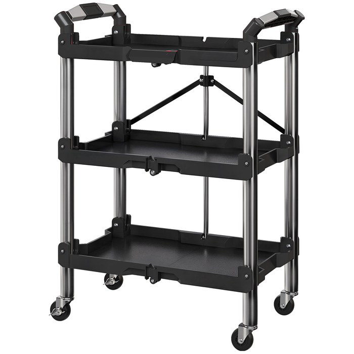 HOMCOM 3-Tier Rolling Tool Cart, Folding Tool Wagon with Handle, Assembly Cart Workshop Cart for Warehouse, Garage, Load Capacity up to 68 kg, Black | Aosom
