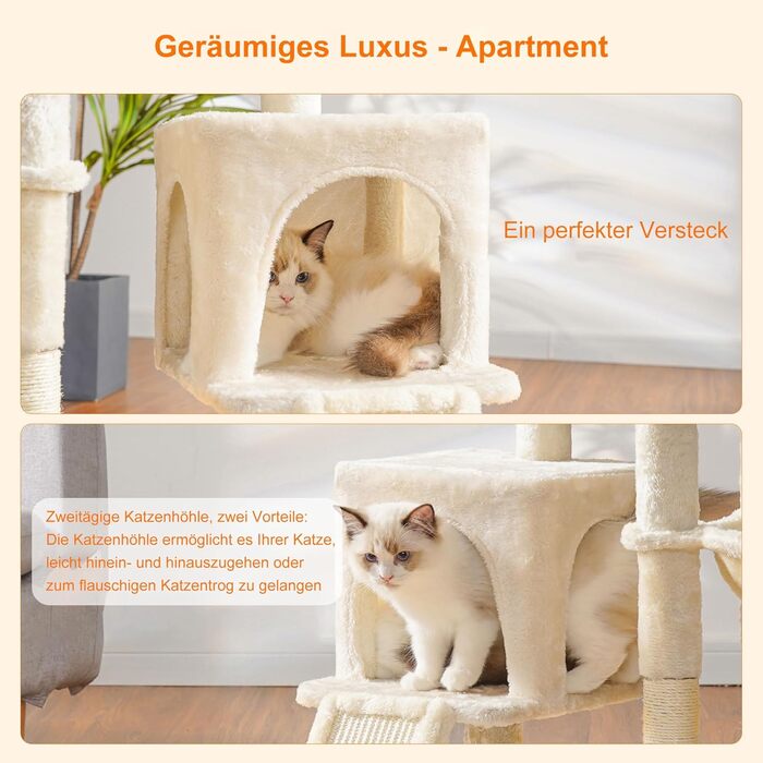 Котячий будиночок Heybly з щіткою для котів, котячий будиночок для домашніх котів з м'якою підставкою з плюшу, котячий когтетоп з кошиком, когтеточкою та когтедровом, HCT005SG (Бежевий)