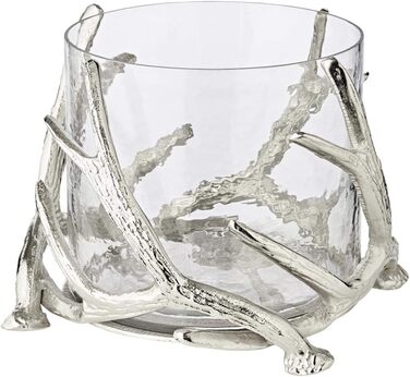 EDZARD Hurricane Candle Holder Kingston, Deer Antler Design, Silver, Nickel-Plated Aluminum, with Glass, Height 13 cm, Diameter 15 cm (Height 20 cm, Diameter 25 cm)