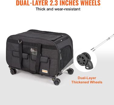 Тролей для собак VEVOR, 15.8 кг, чорний: зручний рюкзак-переноска для тварин з 4 колесами та кишенями для аксесуарів. Ідеально для подорожей та прогулянок.