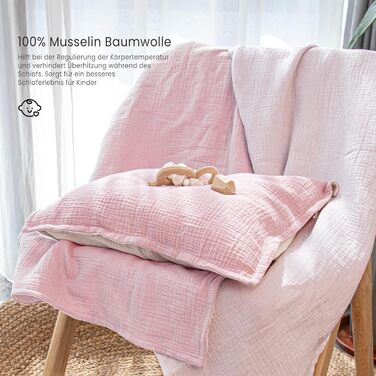 Бетлівка для дитячого ліжечка Lulumoon з мусліну 100x135 см: комплект простирадла 100x135 см + наволочка 40x60 см з бавовни Oeko-TEX Standard – легка та комфортна постільна білизна для малюків та дітей, муслін, рожева 100x135 см + 40x60 см