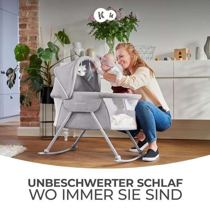 Kinderkraft 3-in-1 Crib LOVI, Travel Crib, Moses Basket, Baby Bassinet, Baby Bouncer, Foldable, Easy Transport, with Accessories, Bag, Mosquito Net, from Birth to 9 kg, Grey Grey Single