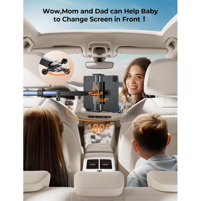 Тримач для планшету TRYONE в авто: кріплення на підголівник, 46 см, 3-в-1, для дітей, сумісний з iPad, Samsung Tab, Switch, телефонами (4.7-13 дюймів)
