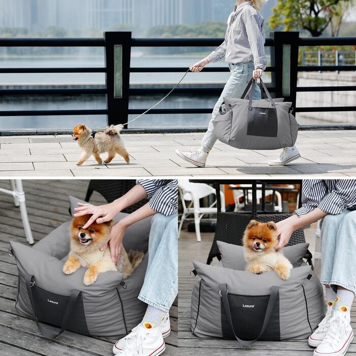 Lesure Dog Seat Car Small Dogs - Waterproof and Washable Dog Car Seat with Storage Pockets, Detachable Safety Leash, and Thickened Memory Foam Padding, 58x56x33cm, gray