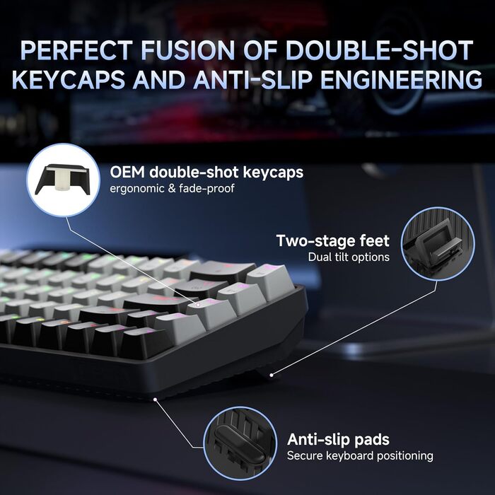 Dierya DK68 - Бездротова ігрова клавіатура з RGB підсвічуванням (68 клавіш, механічний, Linear Red Switch, QWERTY, Bluetooth/2.4GHz/USB-C)