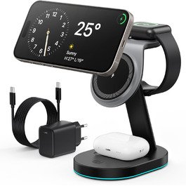 Бездротова зарядка 3-в-1 з MagSafe, USB-C та нічником для iPhone 16/15/14/13/12, Apple Watch та AirPods, A-Schwarz