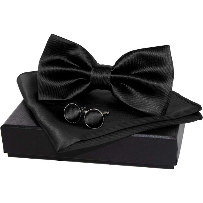 Метелик чоловічий JEMYGINS регульований шовковий, набір з манжетами та нагрудною хустинкою в подарунковій коробці (Чорний 3)