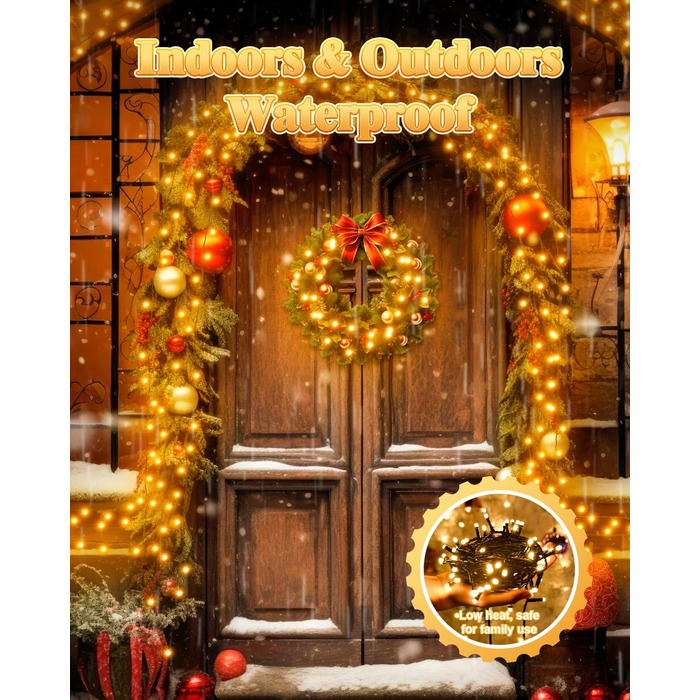 Гірлянда на Хелловін для вулиці, 300 LED, з функцією пам'яті та таймером, 8 режимів освітлення, вологостійка, 50 метрів, тепле світло