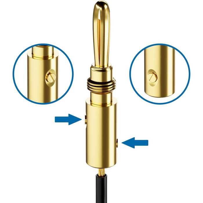 Набір бананових конекторів DeleyCON (8 шт.) – позолочені, гвинтові, для акустичних/динамічних кабелів, 0.75-4.5 мм, Hi-Fi аудіо, домашній кінотеатр, сірий