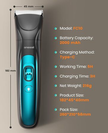 Oneisall 4-in-1 Pet Grooming Kit: Dog & Cat Hair Clippers, Trimmer & Nail Grinder with LED Light - Rechargeable Blue