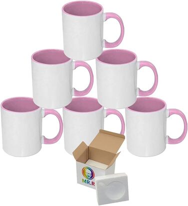 MR.R 11 Unzen Sublimation blank coffee mugs, 6-piece set, porcelain, mug, coffee cup, 325 ml, with pink interior and handle, 6 pieces